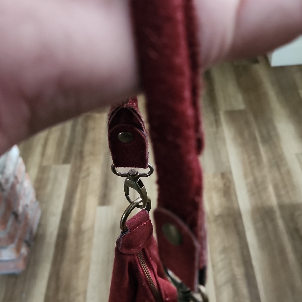 Italian Made Red Suede Leather Boho Fringe Hobo Bag | Beaded Tassels - Picture 9 of 16